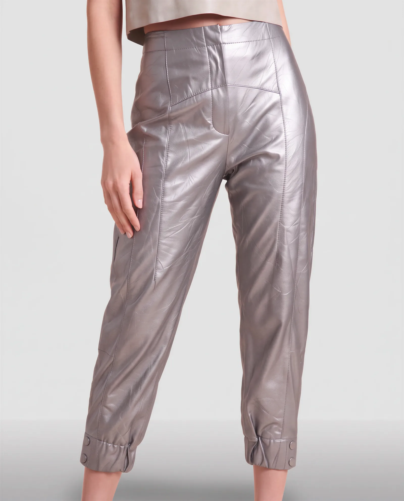 DUTTI Barrel Jogger Cropped Wrinkled Leather Pants 4
