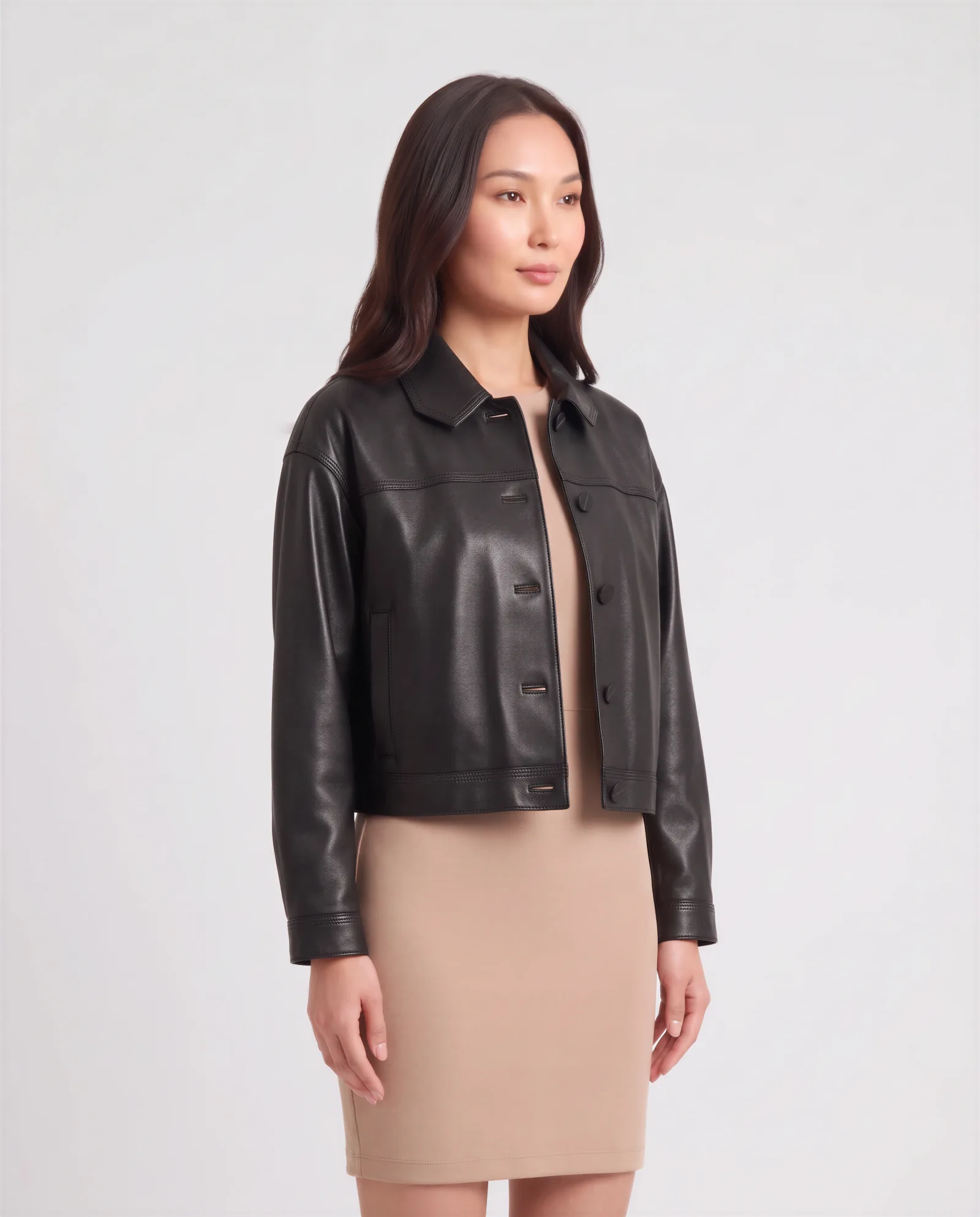 GIANNA Mitered Collar Relaxed Leather Jacket – vista alternativa