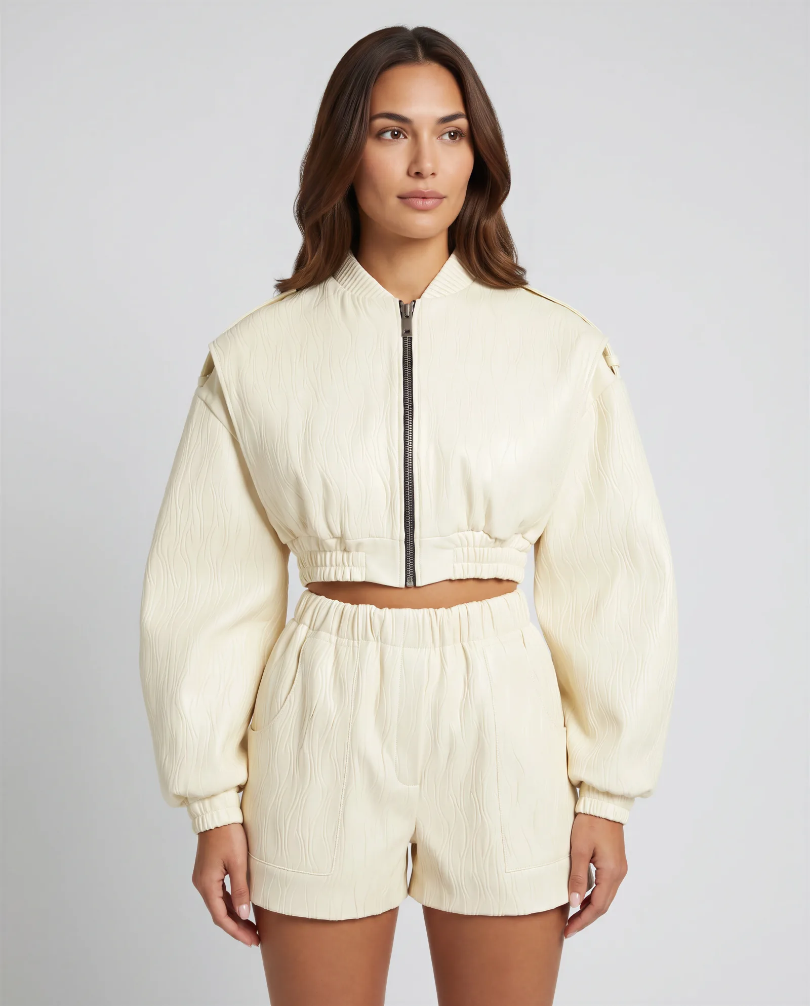 THONET Cropped Bomber Plissé Leather Jacket 3