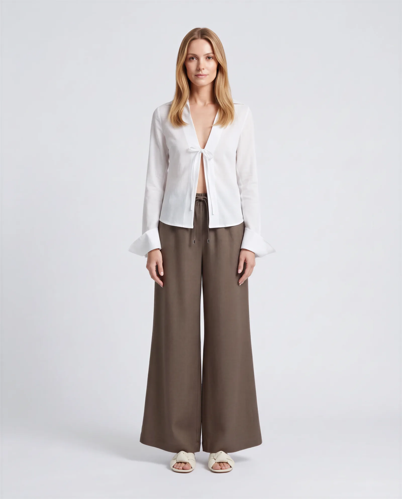 AMBAR Drawstring Wide Flared Leg Linen Pants 1