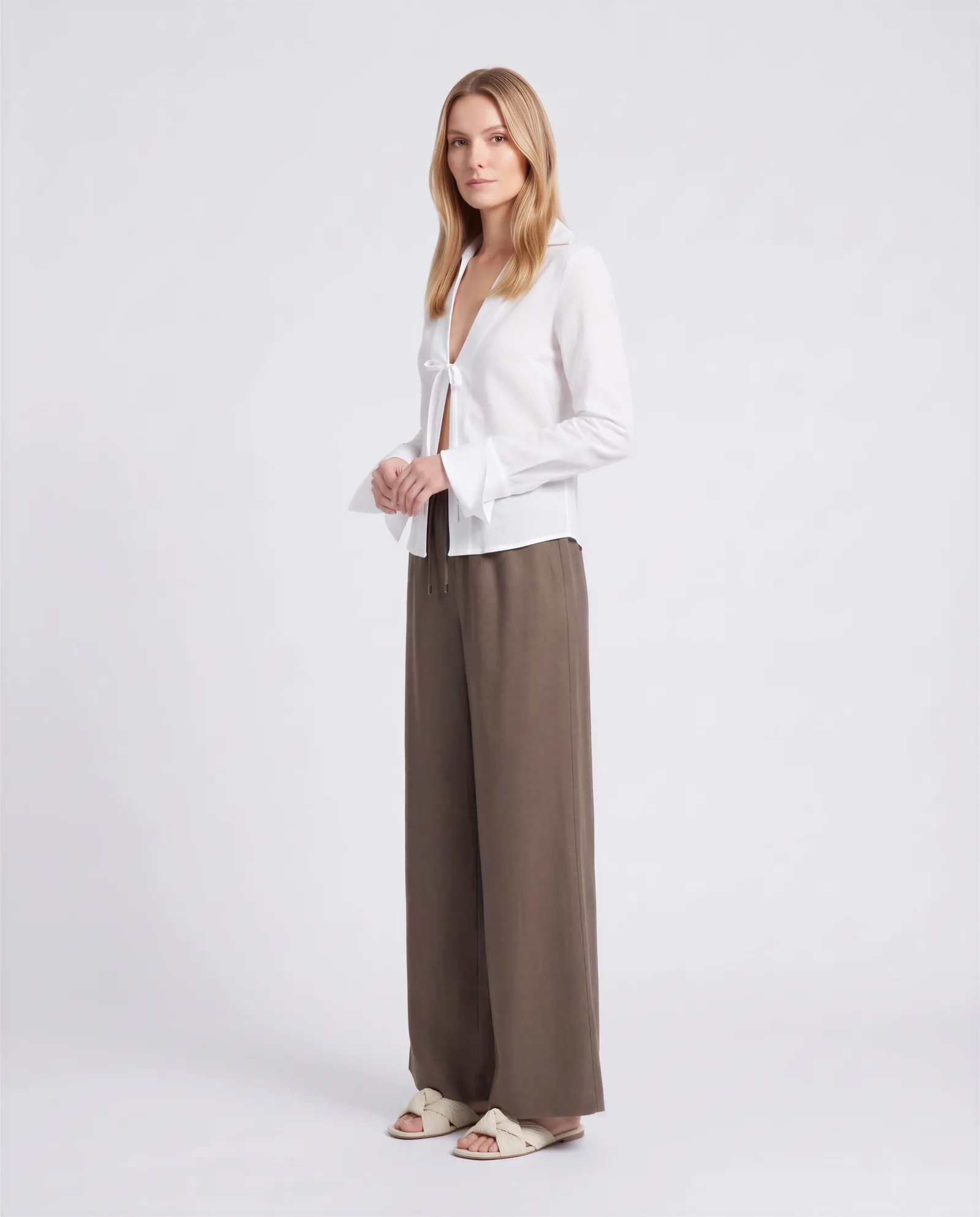 AMBAR Drawstring Wide Flared Leg Linen Pants 3