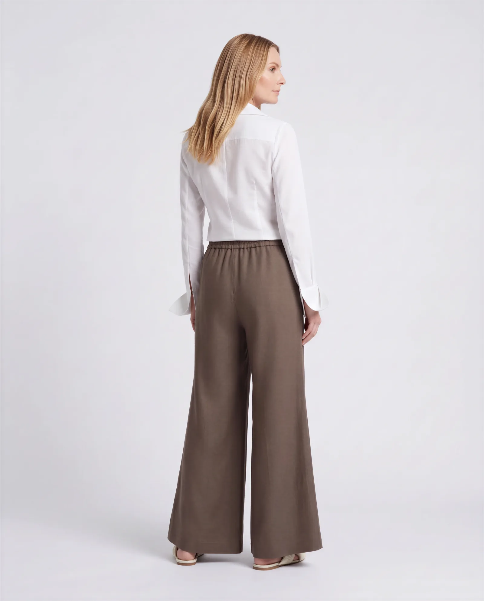 AMBAR Drawstring Wide Flared Leg Linen Pants 4