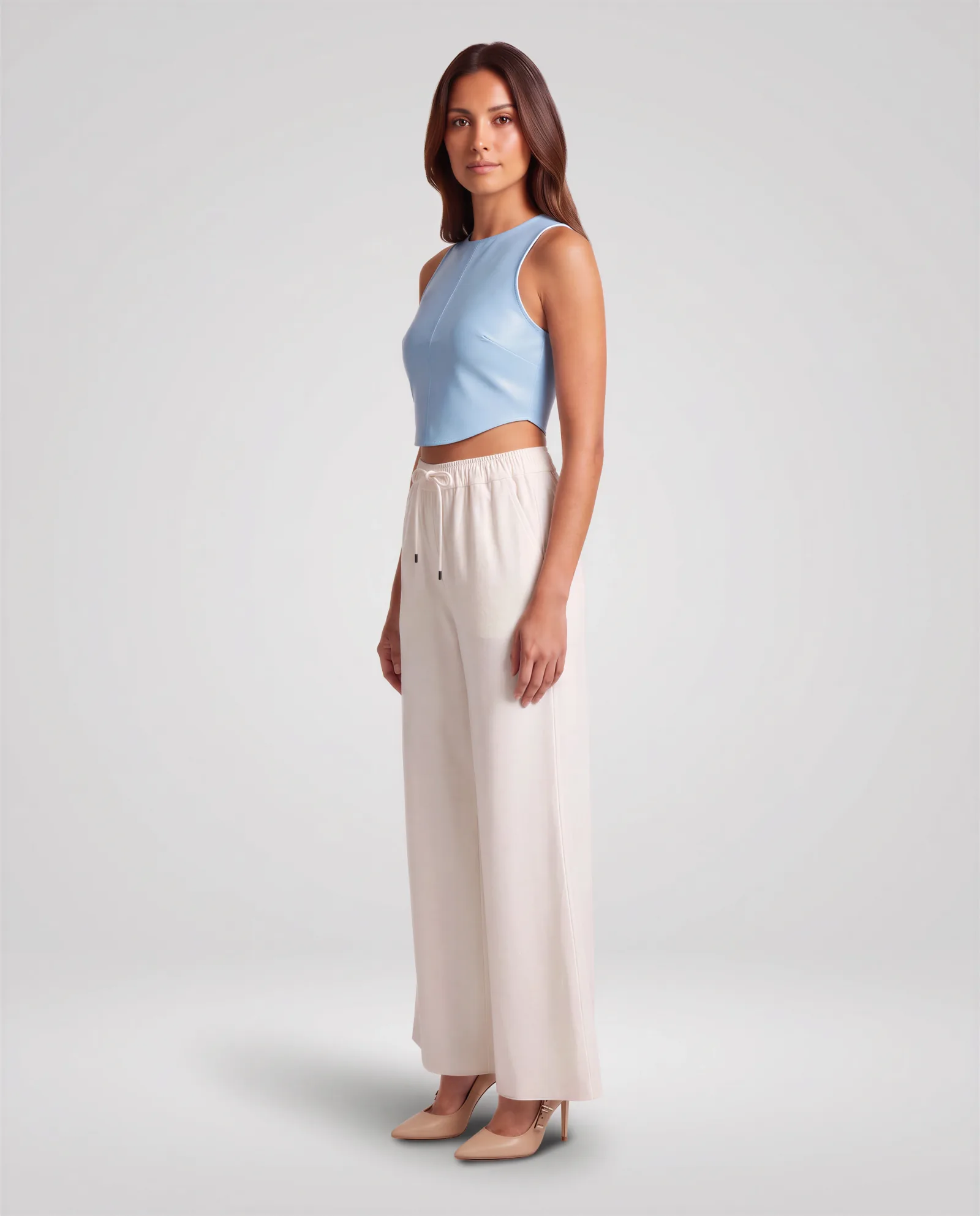 AMBAR Drawstring Wide Flared Leg Linen Pants 2